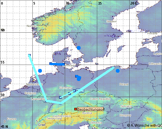 Ungef&auml;hre Position der beobachteten NLCs in der Nacht 05./06.07.2022