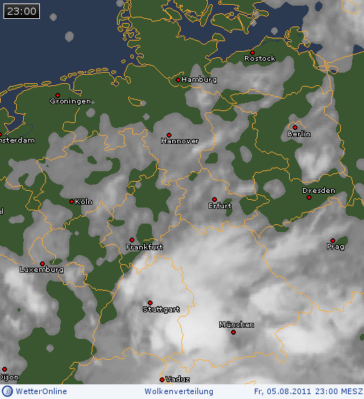 Wolkenverteilung &uuml;ber Deutschland am 05.08.2011 um 23:00 MESZ