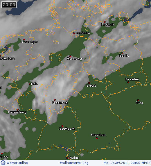 Wolkenverteilung &uuml;ber Mitteleuropa am 26.09.2011 um 20:00 MESZ