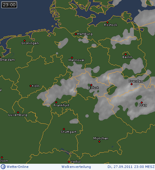 Wolkenverteilung &uuml;ber Mitteleuropa am 27.09.2011 um 23:00 MESZ