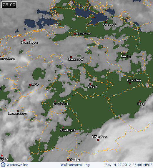 Wolkenverteilung &uuml;ber Mitteleuropa am 14.07.2012 um 23:00 MESZ