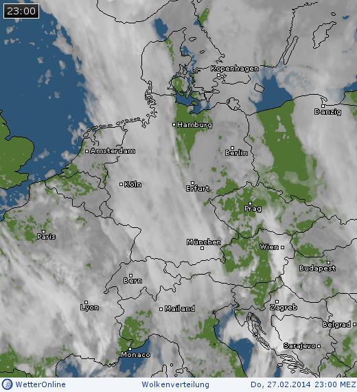 Wolkenverteilung &uuml;ber Mitteleuropa am 27.02.2014 um 23:00 MEZ